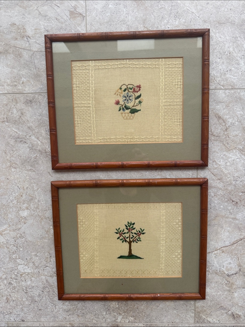 Vintage Framed Petit Point Needlepoint on Linen Set of 2